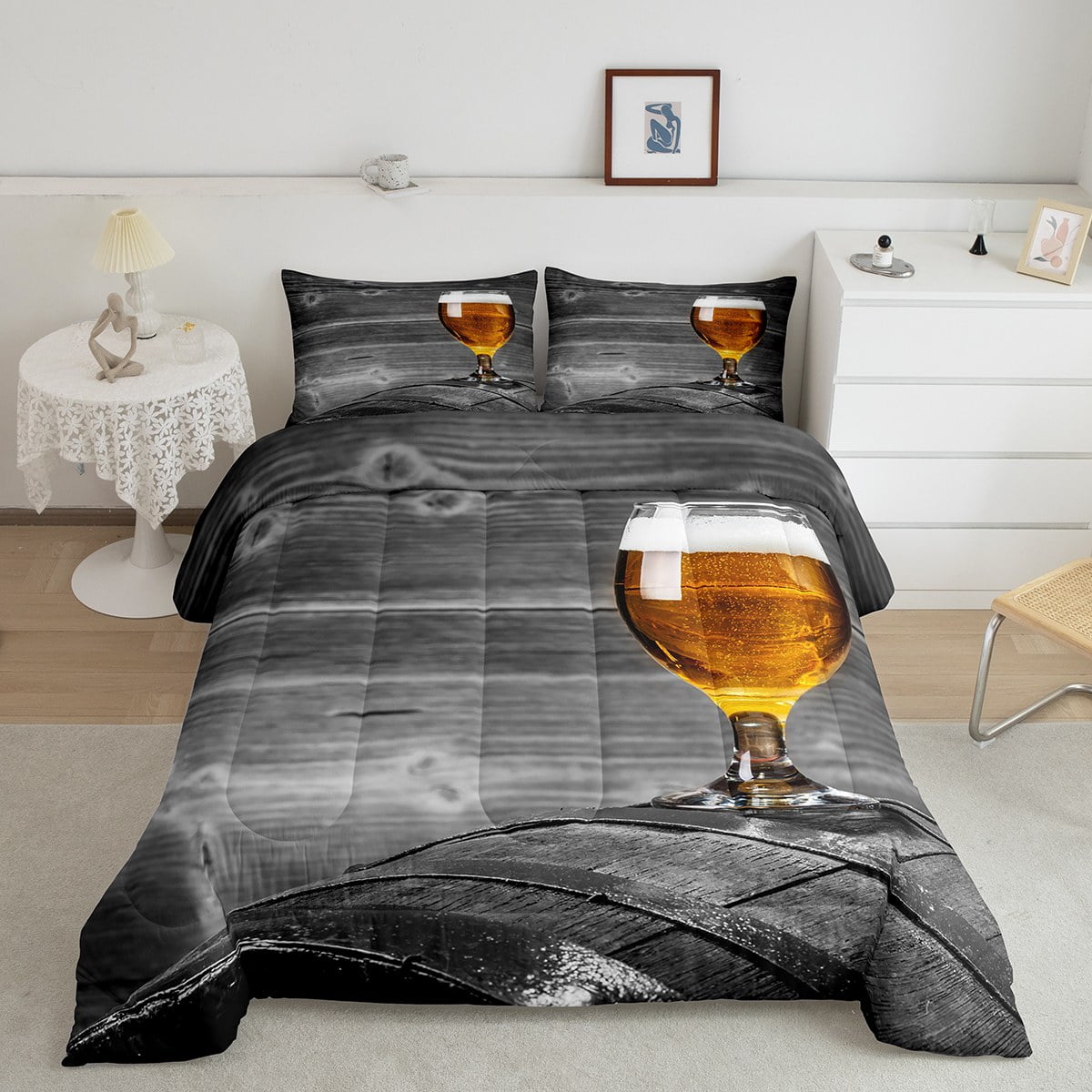 Beer Comforter Set King, Farmhouse Glass Bedding For Adults, Retro Beer
