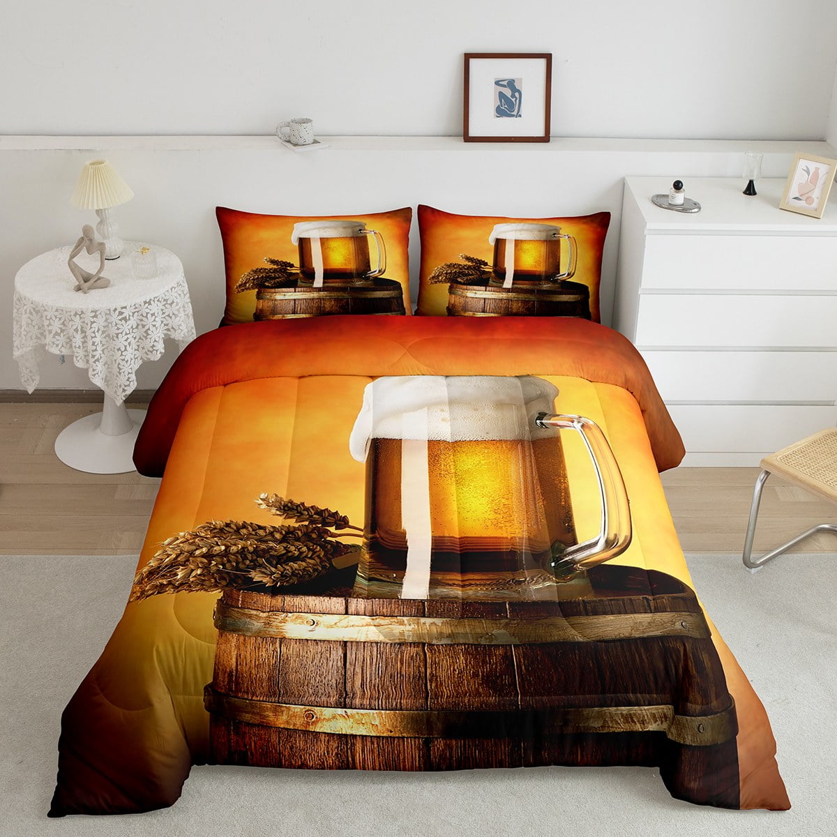 Beer Comforter Set Twin, Farmhouse Bedding For Adults, Retro Beer