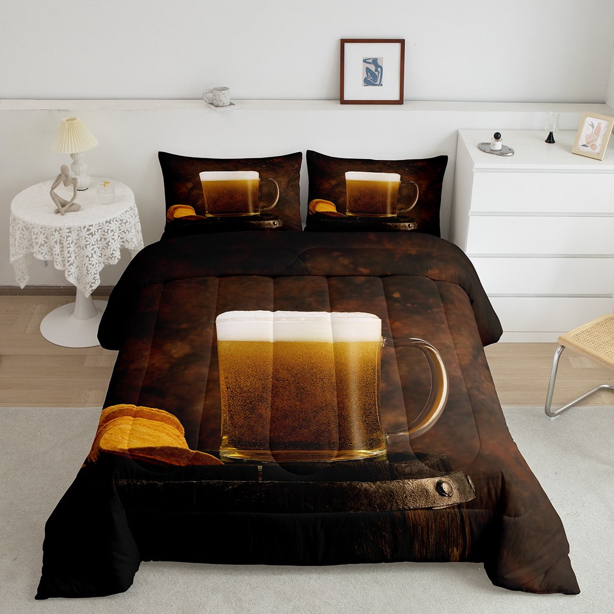 Beer Comforter Set Twin, Farmhouse Glass Bedding For Adults, Retro Beer
