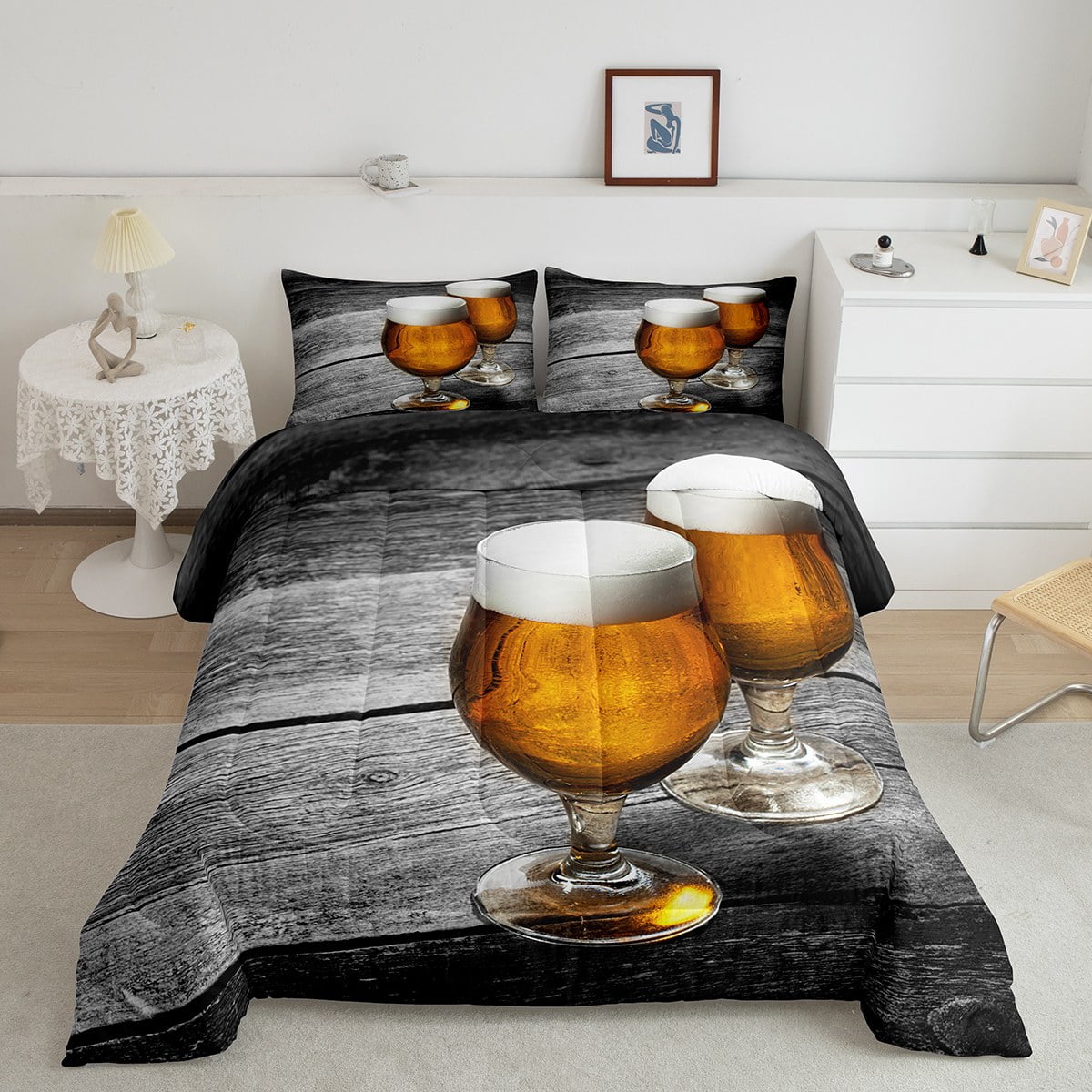 Beer Comforter Set Twin, Wooden Background Bedding For Adults, Retro