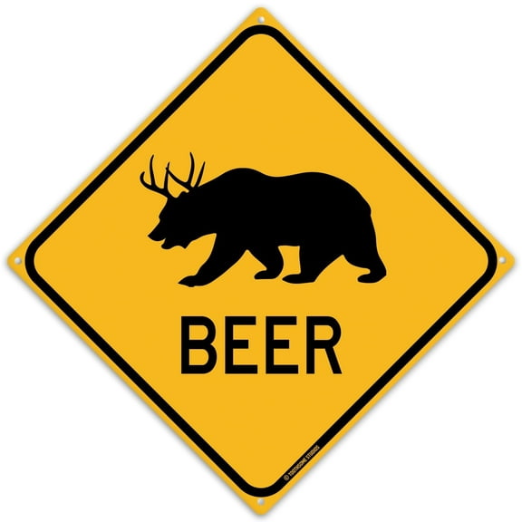 Beer Crossing Bear With Deer Antlers 12" x 12" Funny Tin Road Sign