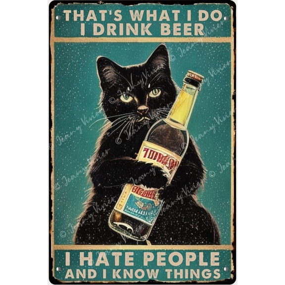 Beer Decor, Vintage Cat Art, Black Cat Tin Sign for Bar Cafe Home Room, Funny Retro Tin Plaque Gift for Adult Women Men Coworker Boss, Funny Garage Decor 12x16 Inches