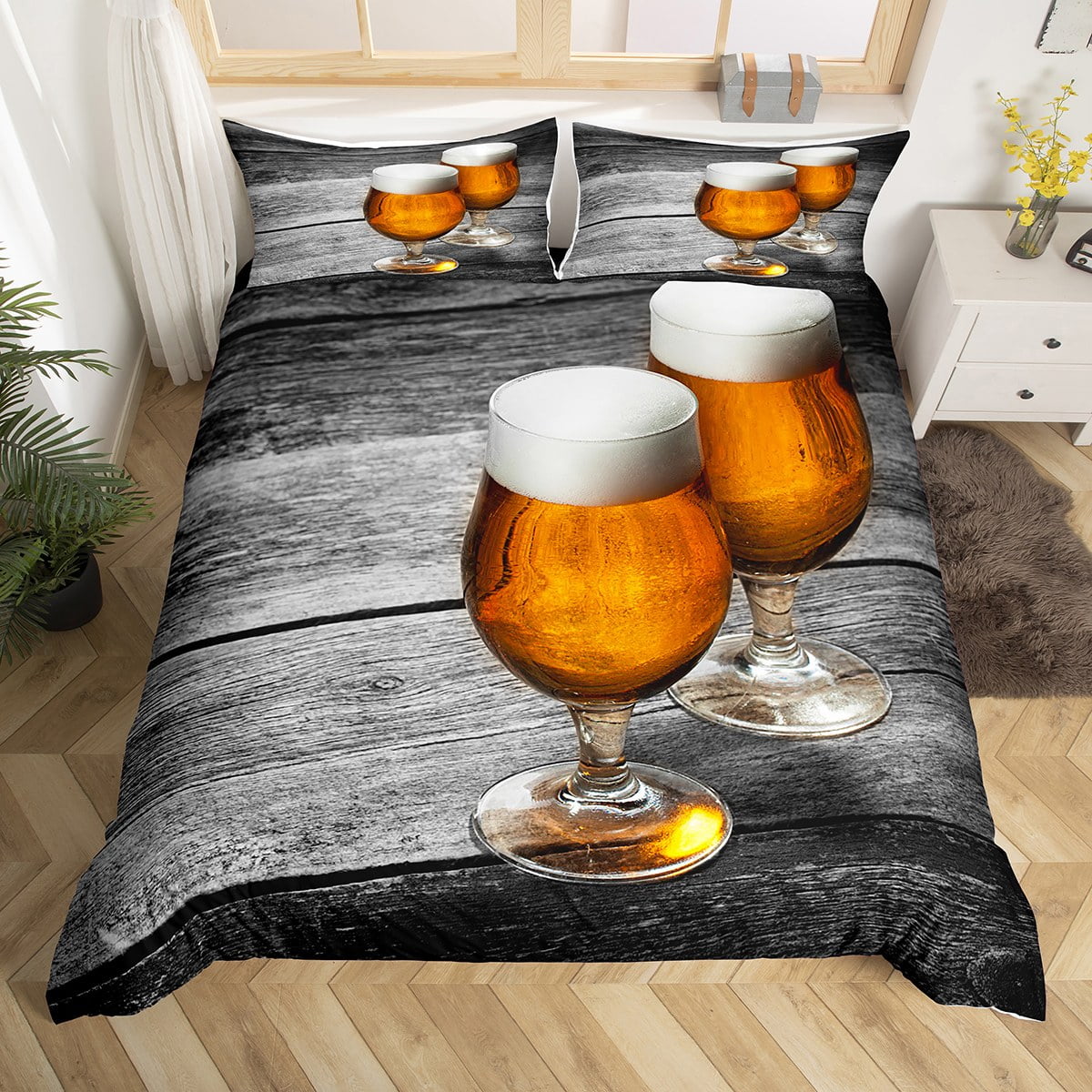 Beer Duvet Cover Queen, Wooden Background Bedding Set For Adults, Retro