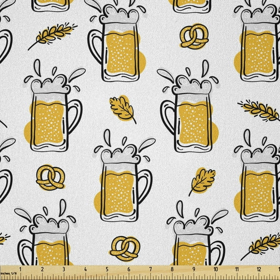Beer Fabric by The Yard, Doodle Drink Pattern with Alcoholic Beverage in Mug Snack, Microfiber Fabric for Arts and Crafts Textiles & Decor, 2 Yards, Orange Charcoal, by Ambesonne