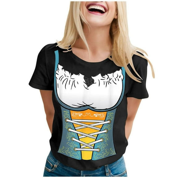Beer Festival Shirt for Women Dirndl Costume Print Tops German Bavarian Oktoberfest Short Sleeve Crew Neck Tee Pullover Blouse