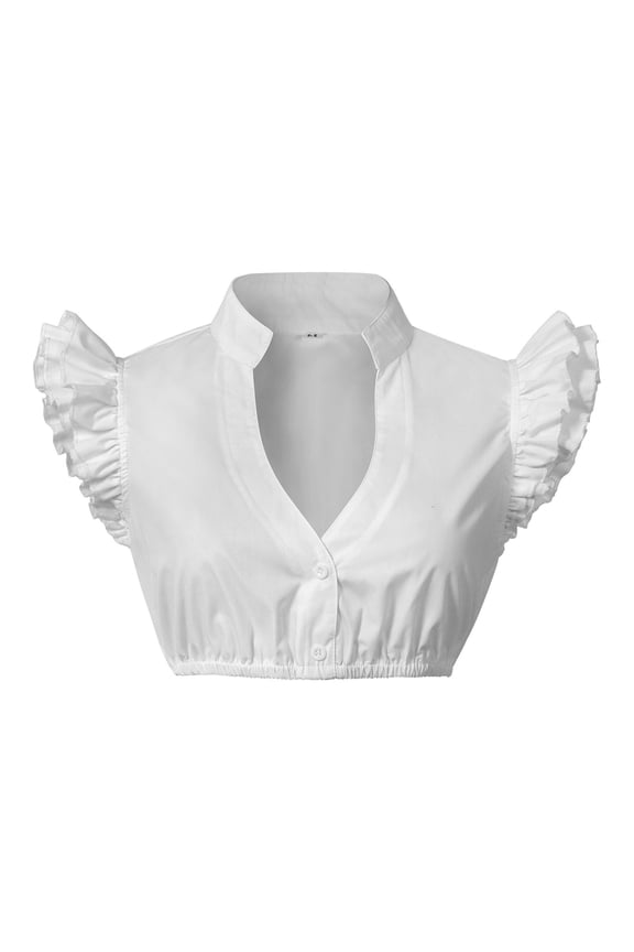 Beer Festival V Neck Shirt - Ruffled Short Sleeves & Dingdong Style | Hontri | Women's Beer Festival Beer Festival V Neck Ruffled Short Sleeved (White | XL)