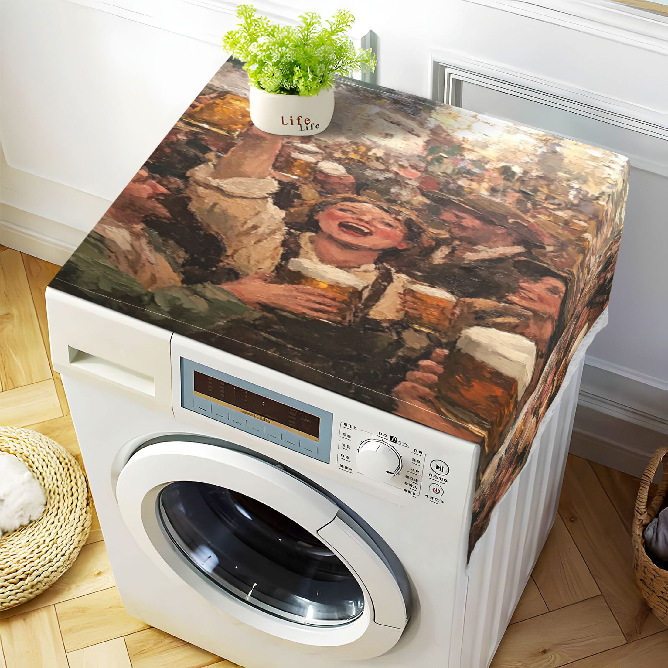 Beer FestivalWasher and Dryer Covers Dust-Proof and Oil Resistant Fridge Cover with 4 Storage Pockets Washing Machine Top Cover for Laundry Kitchen Home 51.2 x 22 In