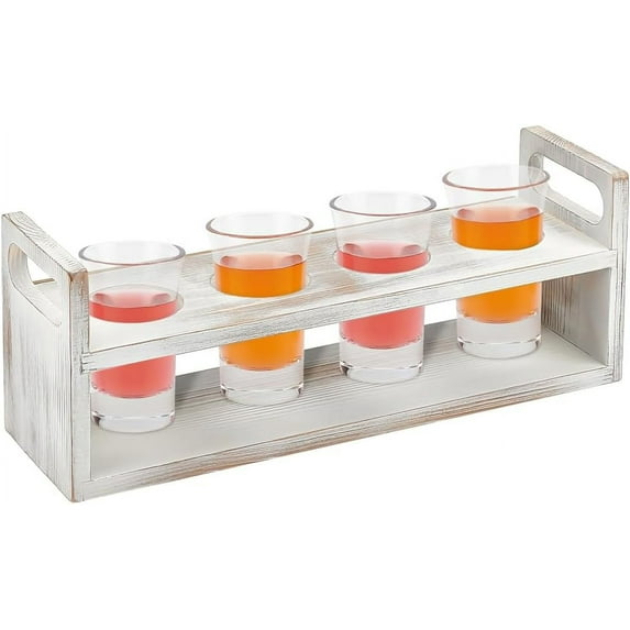 Beer Flight Board Holds 4 Glass White Wood Shot Glass Holder Rack Rectangle Beer Sampler Tray Flight Paddle Shot Glass Serving Tray for Beer Tasting Bar Home Parties (Slot: 2.2inch) White Wood