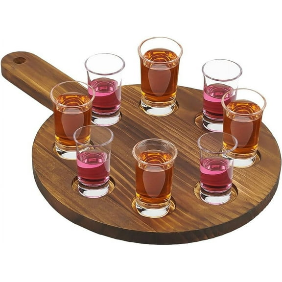Beer Flight Board Holds 8 Glass Wooden Whiskey Flight Paddle 45mm/1.8Inch Slots Shot Board Serving Tray with Burnt Wood Beer Sampler Tray Shot Glass Holder (Flat Round Saddle Brown) for diy