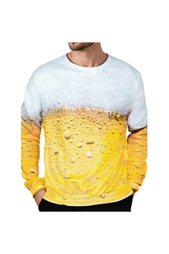Beer Foam Print Casual Loose Pullover Sweatershirt for Men Fall Fashion Athletic Graphic Print Men's Tops Yellow M