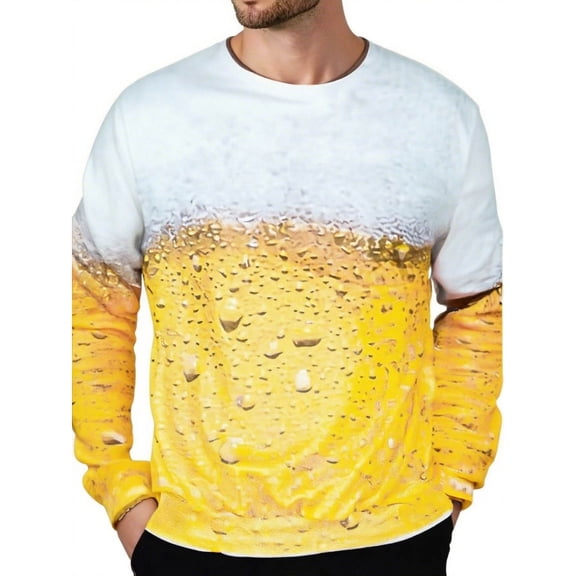Beer Foam Print Casual Loose Pullover Sweatershirt for Men Fall Fashion Athletic Graphic Print Men's Tops Yellow S