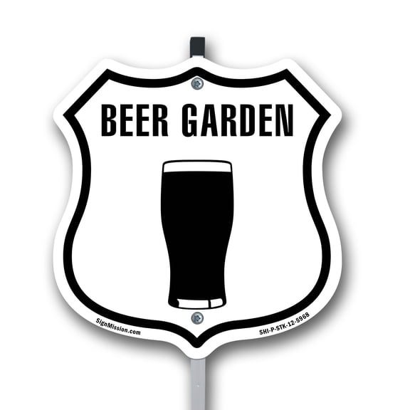 Beer Garden 12 inch X 12 inch Shield Shaped Rust-Free Aluminum Metal Sign with Aluminum Mounting Stake Weather Resistant Made in the USA