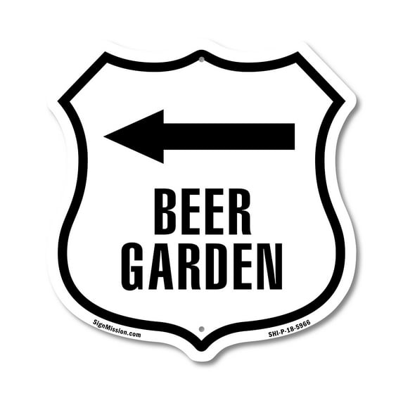 Beer Garden Left 12 inch X 12 inch Shield Shaped Commercial Grade Plastic Sign Weather Resistant Made in the USA