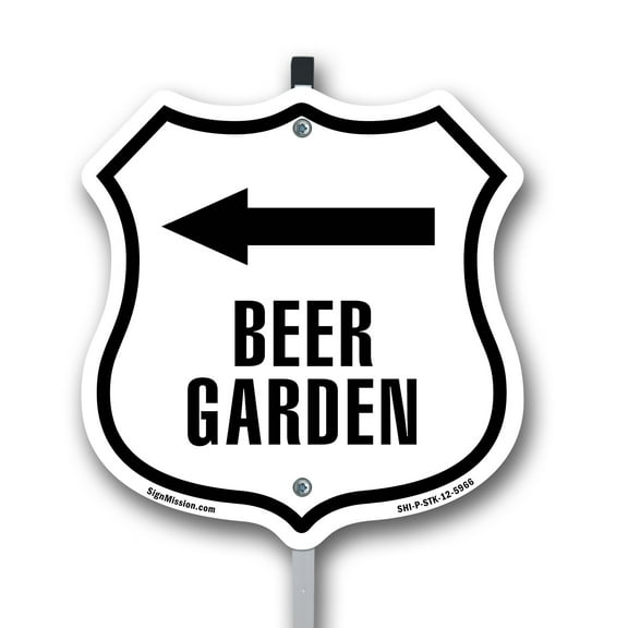 Beer Garden Left 12 inch X 12 inch Shield Shaped Rust-Free Aluminum Metal Sign with Aluminum Mounting Stake Weather Resistant Made in the USA