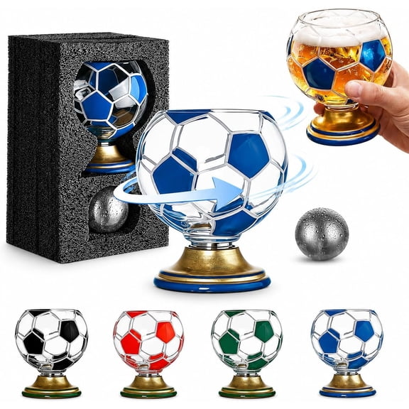 Beer Glass-300ml Soccer Ball Shaped Rotating Drinking Glass Cup,3D Football Crystal Glass Cup with 360° Spinning Pedestal, Unique Drinkware for Beer Juice Cocktail, Sports Fan,Soccer Lover Gift