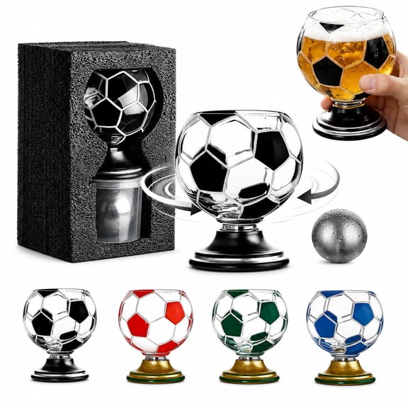Beer Glass-300ml Soccer Ball Shaped Rotating Drinking Glass Cup,3D Football Crystal Glass Cup with 360° Spinning Pedestal, Unique Drinkware for Beer Juice Cocktail, Sports Fan,Soccer Lover Gift