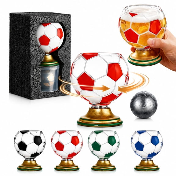 Beer Glass-300ml Soccer Ball Shaped Rotating Drinking Glass Cup,3D Football Crystal Glass Cup with 360° Spinning Pedestal, Unique Drinkware for Beer Juice Cocktail, Sports Fan,Soccer Lover Gift