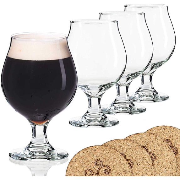 Beer Glass Belgian Style Stemmed Tulip - 16 oz Lambic Beer Glasses - set of 4