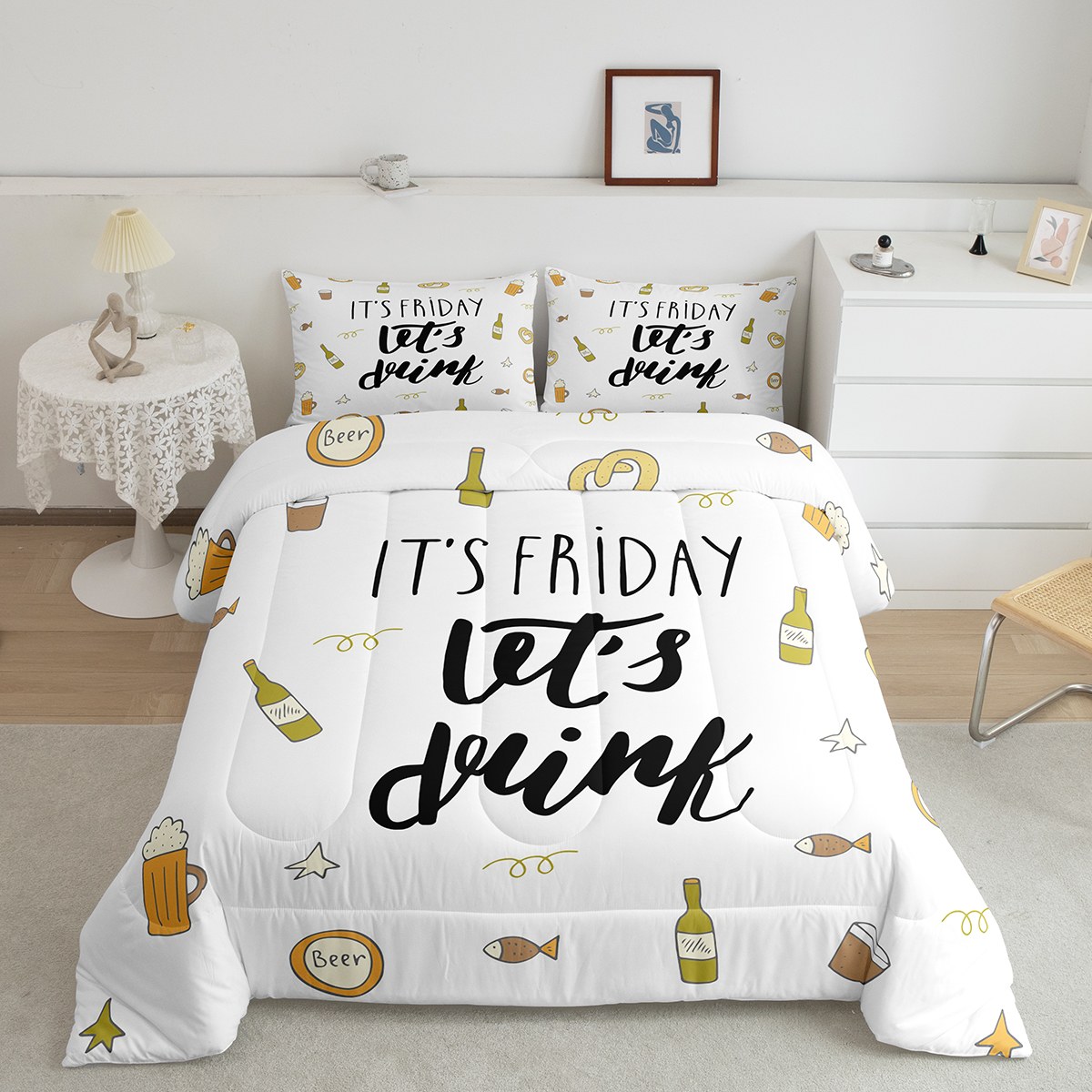 Beer Glass Comforter Set Queen, Hand Drawn Bottle Bedding For Kids