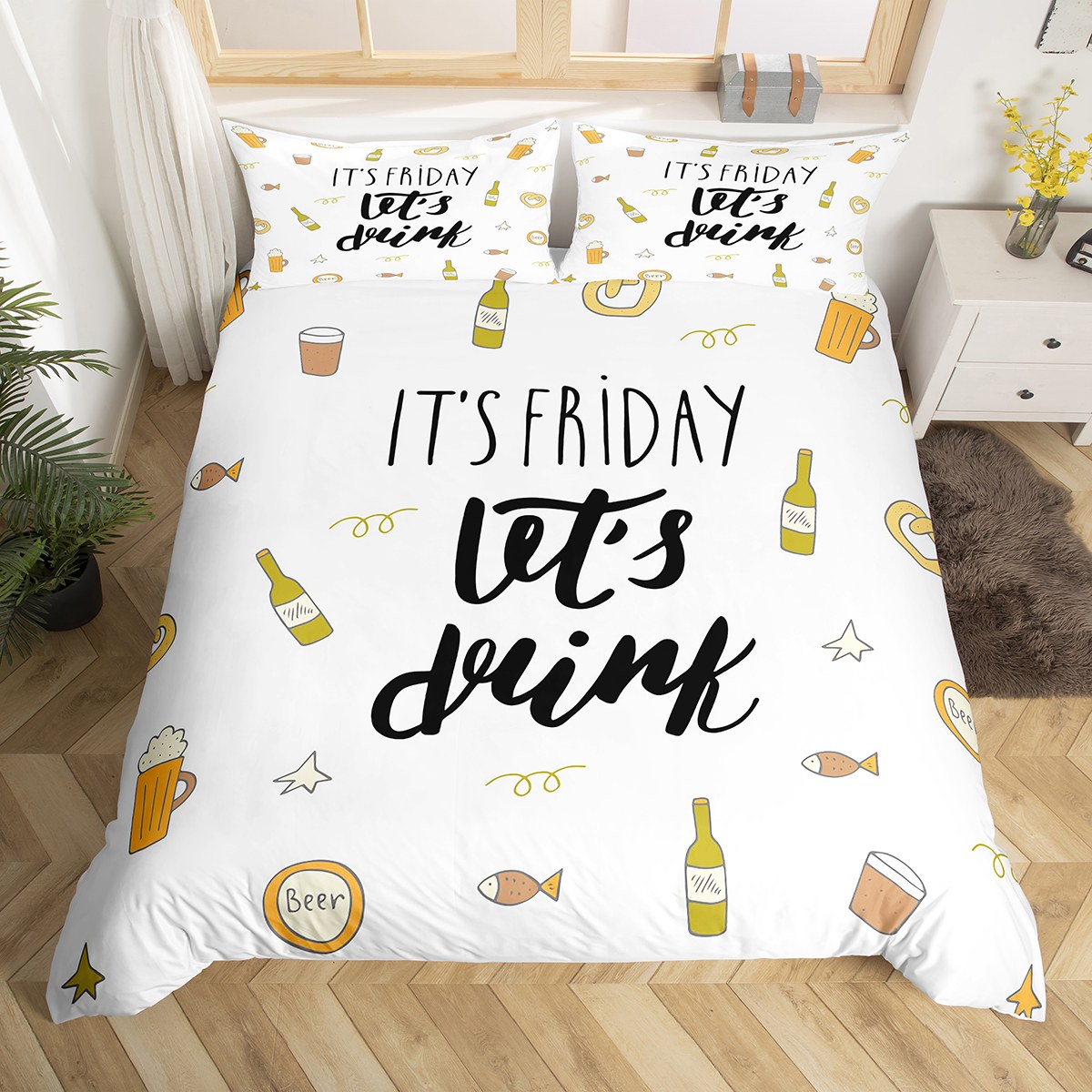 Beer Glass Duvet Cover Full, Hand Drawn Bottle Bedding Set For Kids