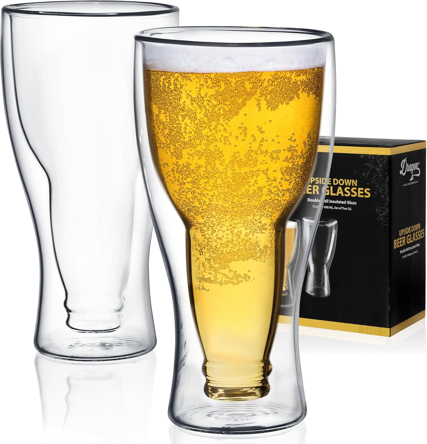 Beer Glasses - 13.5 oz Clear Double Wall Insulated Beer Glass Set of 2 ...