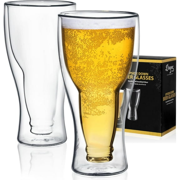 Beer Glasses - 13.5 oz Clear Double Wall Insulated Beer Glass Set of 2 - Upside Down Design - Holds One Full Bottle - Freezer Safe