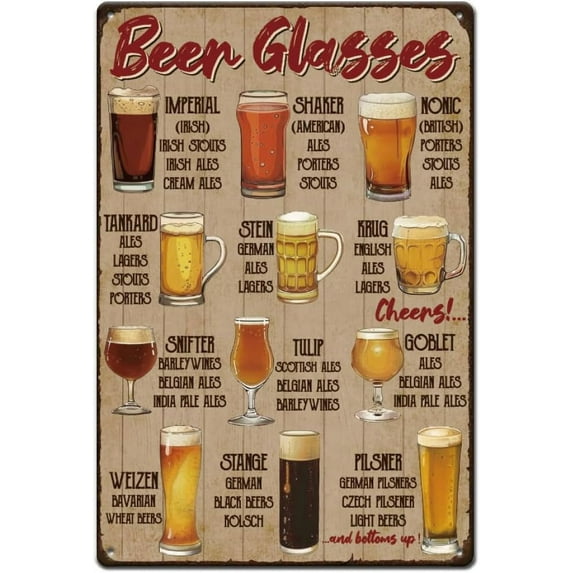 Beer Glasses Metal Tin Sign Beer Types Tin Signs Metal Poster Vintage Art Sign for Pub Playroom Billiard Room Bar Restaurants Cafes Man Cave Wall Decor Plaque Sign