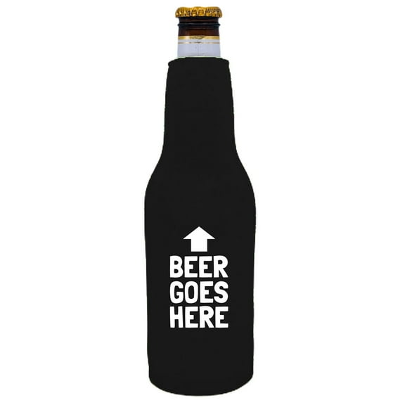 Beer Goes Here Arrow Up Funny Beer Bottle Coolie With Opener (Black)