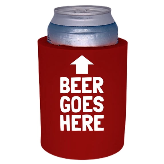 Beer Goes Here Arrow Up Funny Thick Foam Old School Can Coolie (Red)
