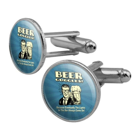 Beer Goggles Eventually Lights in the Bar Always Come On Funny Humor Round Cufflink Set Silver Color