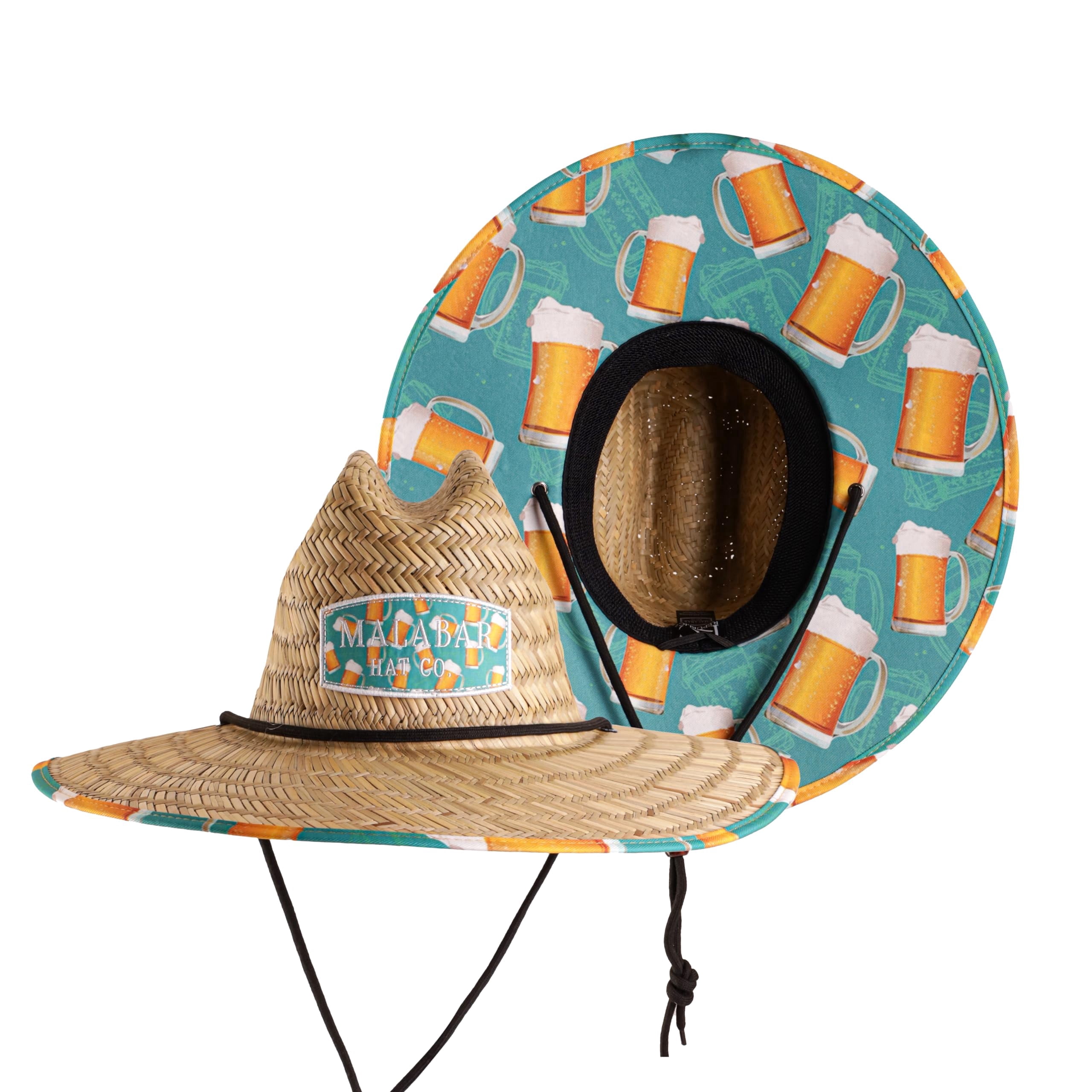 Beer Hat Fabric Pattern Print Straw Sunhat Men & Women, Lifeguard Hat, Beach, Swim, Cruise, Paddle Board, Boat, Fishing, Fits All, Malabar Hat.