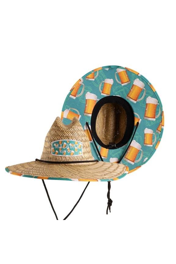 Beer Hat Fabric Pattern Print Straw Sunhat Men & Women, Lifeguard Hat, Beach, Swim, Cruise, Paddle Board, Boat, Fishing, Fits All, Malabar Hat.