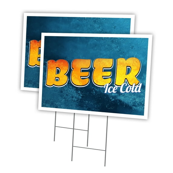 Beer Ice Cold 2 Pack Of 12" x 16" Yard Sign & Stake | Advertise Your Business | Stake Included Image On Front Only | Made in The USA