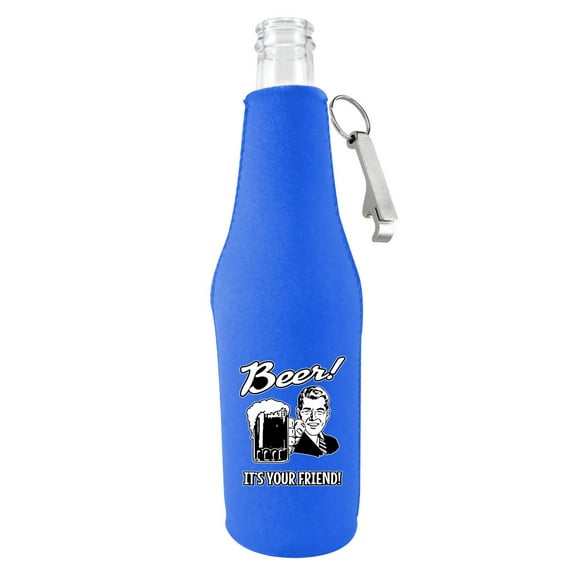Beer! It's Your Friend! Beer Bottle Coolie (Royal Blue With Opener)