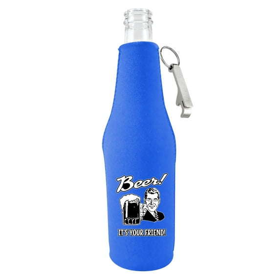 Beer! It's Your Friend! Beer Bottle Coolie (Royal Blue With Opener)