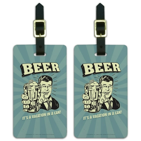 Beer It's a Vacation in a Can Funny Humor Luggage ID Tags Suitcase Carry-On Cards - Set of 2