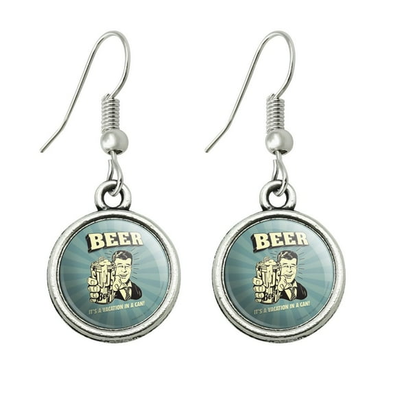 Beer It's a Vacation in a Can Funny Humor Novelty Dangling Drop Charm Earrings