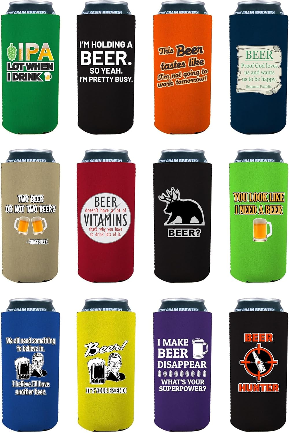 Beer Jokes Funny Designs 16 oz. Can Coolie 12 Pack Set