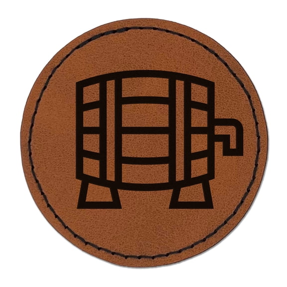 Beer Keg Icon 2.5" Faux Leather Round Engraved Iron-On Patch - Brown