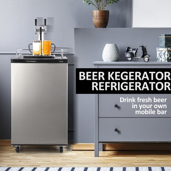 Beer Kegerator, Dual Tap Draft Beer Dispenser, Full Size Keg Refrigerator With Shelves, CO2 Cylinder, Drip Tray & Rail, 32F- 50F Temperature Control, Holds 1/6, 1/4, 1/2 Barrels