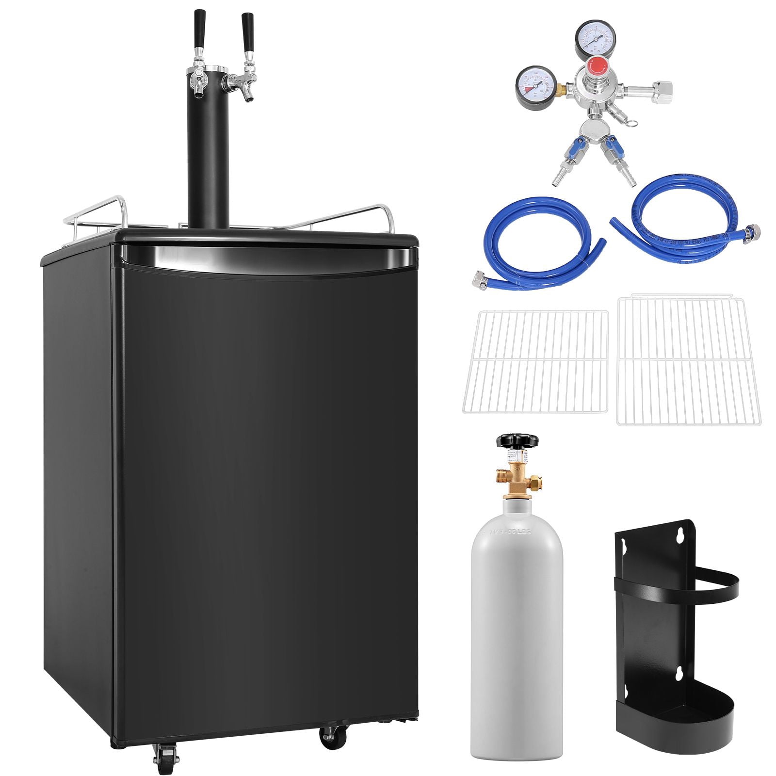 Beer Kegerator, Full Size Keg Refrigerator With Shelves,Dual Tap Draft Beer Dispenser, Drip Tray & Rail, CO2 Cylinder, 32°F- 50°F Temperature Control, Holds 1/6, 1/4, 1/2 Barrels, Black