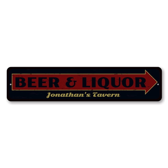 Beer & Liquor Sign, Directional Arrow Sign, Custom Tavern Name Sign, Bar Sign, Bar Aluminum Decor - 4x18 inches
