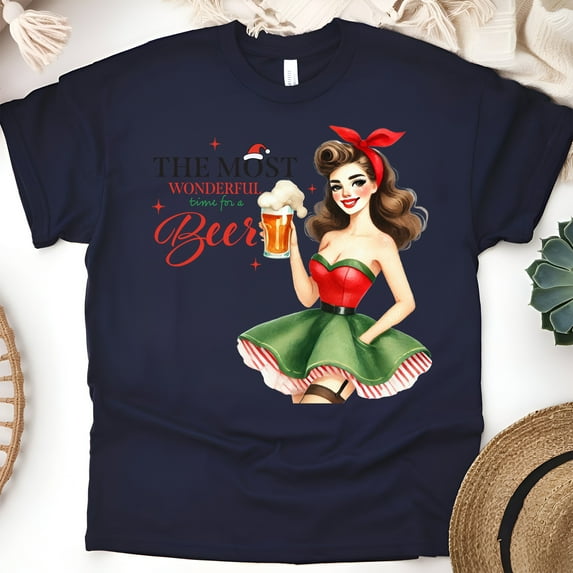 Beer Lover Graphic Tee | Retro Pin-Up Girl Funny Drinking T-Shirt, Navy, Size L