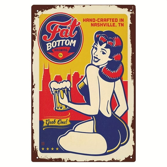 Beer Metal Tin Sign Funny Vintage Iron Sign Beer Fat Bottom Brewing Garage Sign Bar Decor Metal Plaque Retro Man Cave Bedroom Wall Art Poster Decorations 8x12 Inch