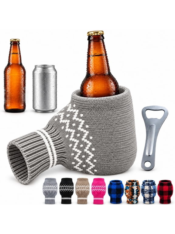 Beer Mitten Gloves, Insulated Knit Drink Holder for Cans and Bottles, Fingerless Winter Beverage Mitt for Camping, Tailgates and Bonfires