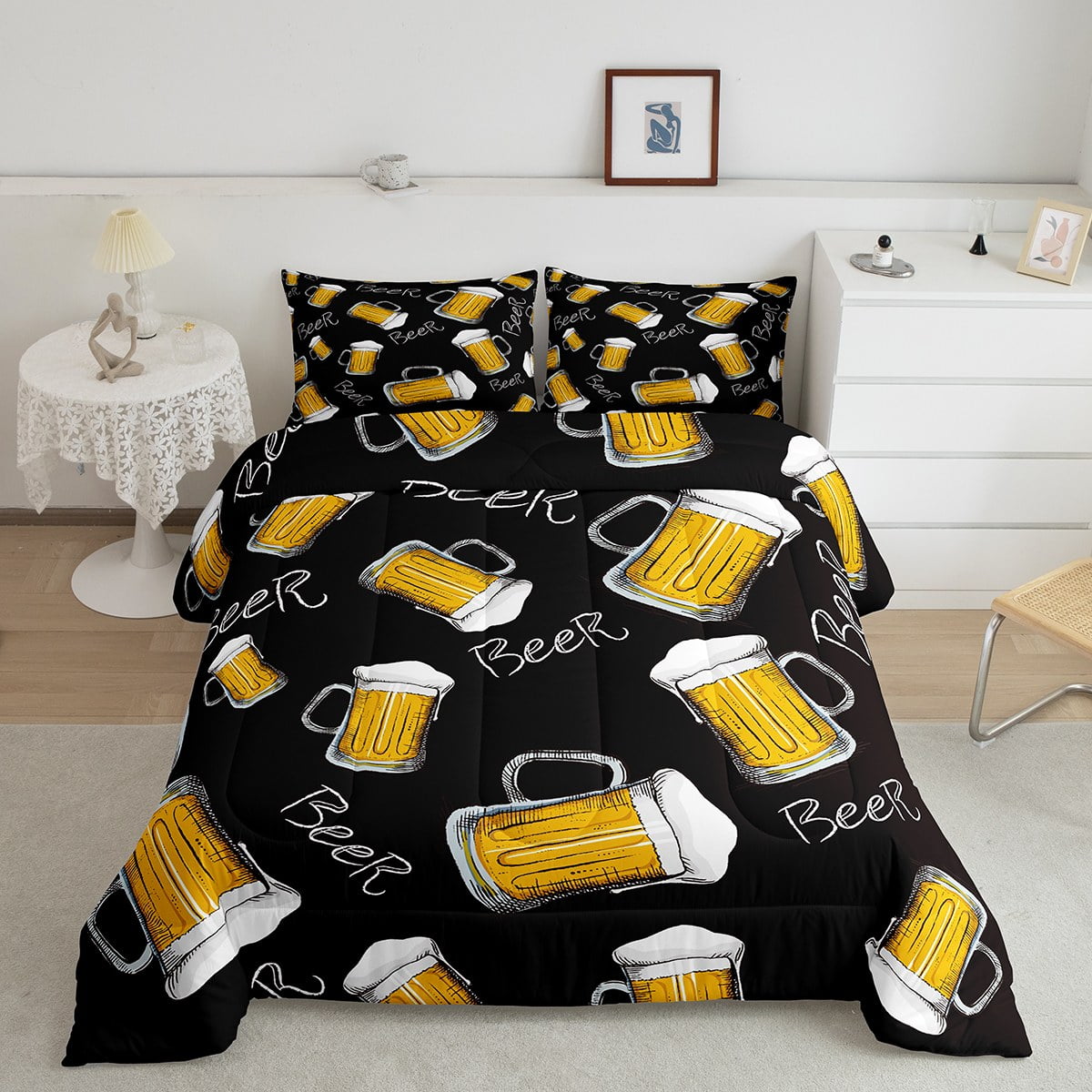 Beer Mug Comforter Set King Size, Hand Drawn Bedding For Kids Teens