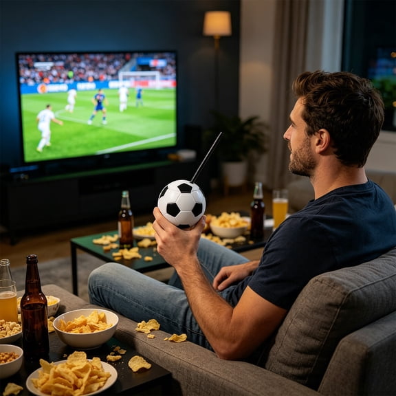 Beer Mug, Football Cup with Large Capacity Glass Design for Bars, Game Nights, Soft Drinks and Beer, Football Motif, Includes Matching Straw