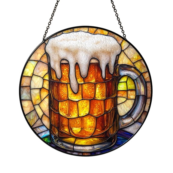 Beer Mug Frothy Drink Stained Glass Style Window Suncatcher, Bar Window Hanging Decor Ornament