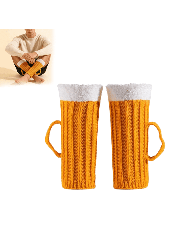 Beer Mug Socks with Handles,Funny Cozy Knit Novelty Socks with Plush Cuff for Men and Women.(Yellow - Open Foot)
