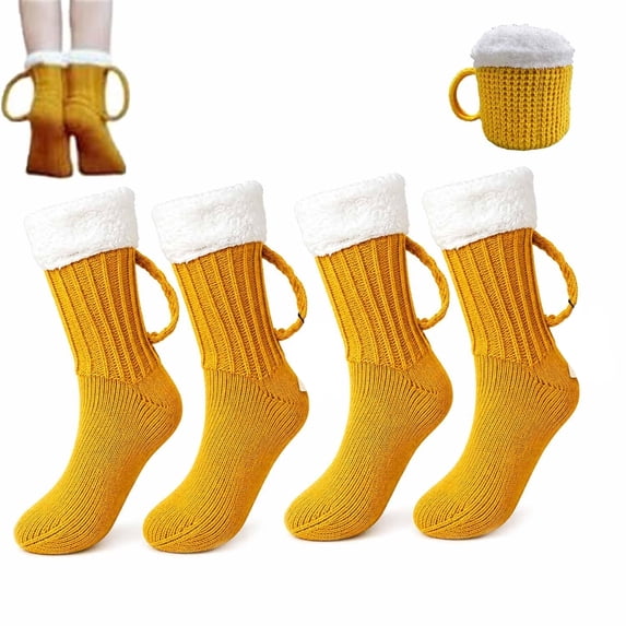 Beer Mug Socks with Handles for Men – 3D Knit Novelty Socks with Fluffy Cuff, Winter Warm Gifts for Christmas, Halloween, and Birthday Parties